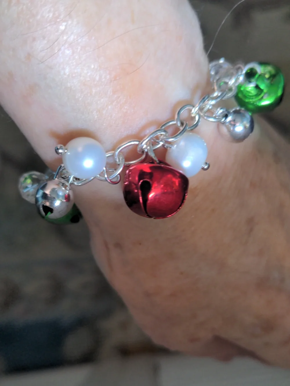 Festive Green & Red Bell, Pearl , Crystal Charm Bracelet, Adjustable 7 1/2
